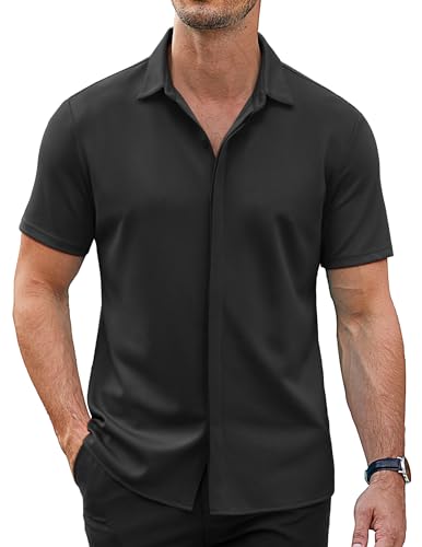 COOFANDY Herren Kurzarm Kleid Shirts Faltenfrei Formal Shirt Casual Button Down Shirts, Schwarz, L von COOFANDY