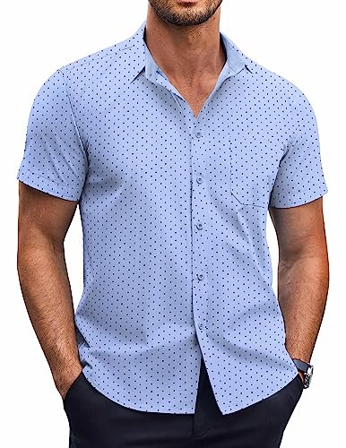 COOFANDY Herren Kurzarm Kleid Shirts Regular Fit Polka Dot Print Shirt Casual Button Down Shirts mit Tasche, Hellblau, XL von COOFANDY