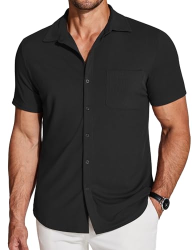 COOFANDY Herren Kurzarm Knitterfreies Strickhemd Lässige Knopfleiste Sommer Elastische Muskel Fit Shirts, Schwarz, L von COOFANDY