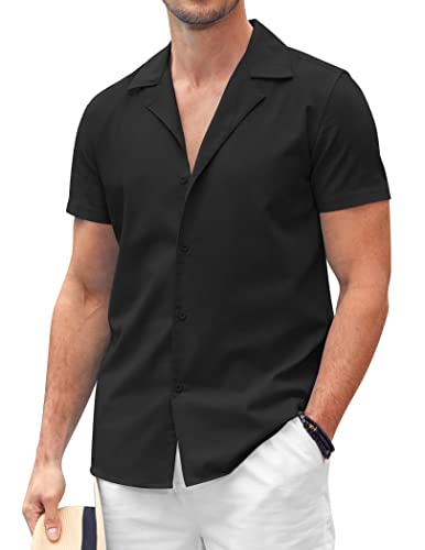 COOFANDY Herren Kurzarm Leinenhemd Casual Regular Fit Kuban Kragen Button Down Freizeithemden Einfarbig Sommer Leinenshirt Schwarz S von COOFANDY