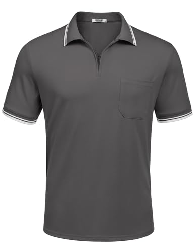COOFANDY Herren Kurzarm Poloshirt Polohemd Sommerkurzarm mit Kontrast Polokragen Sommer Tshirt Polo Tops leichtes Golf Polo-Shirt Business Oberteil A-Grau L von COOFANDY