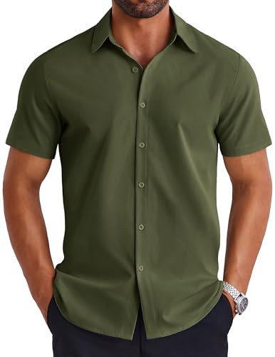 COOFANDY Sommerhemd Herren Kurzarm Casual Shirts Businesshemd Slim Fit Einfarbig Freizeithemd Bügelfrei Armeegrün XXL von COOFANDY