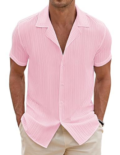 COOFANDY Herren Kurzarm Sommerhemd Kuba Hemd Buntes Shirt Freizeithemd Button Down Shirt Textured Hawaii Männer Beach Outfit Mittel Rosa XXL von COOFANDY