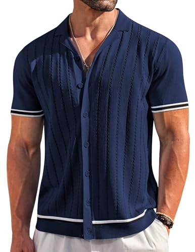 COOFANDY Herren Kurzarm-Strickhemd, lässig, Button-Down-Shirt, Vintage, gestreift, gestrickt, Golf-/Strand-Tops, Marineblau, Mittel von COOFANDY