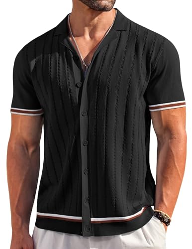 COOFANDY Herren Kurzarm-Strickhemd, lässig, Button-Down-Shirt, Vintage, gestreift, gestrickt, Golf-/Strand-Tops, Schwarz, L von COOFANDY