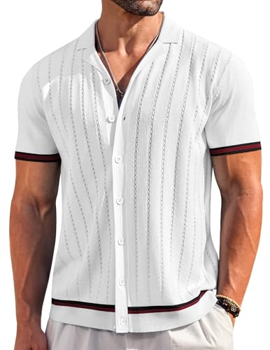 COOFANDY Herren Kurzarm-Strickhemd, lässig, Button-Down-Shirt, Vintage, gestreift, gestrickt, Golf-/Strand-Tops, Weiss/opulenter Garten, L von COOFANDY