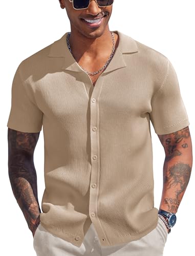 COOFANDY Herren Kurzarm-Strickhemden, kubanisch, Knopfleiste, lässiges Poloshirt, Strand-Top, Khaki, 3X-Groß von COOFANDY