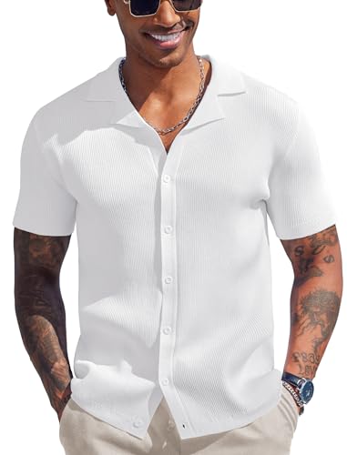 COOFANDY Herren Kurzarm-Strickhemden, kubanisch, Knopfleiste, lässiges Poloshirt, Strand-Top, Weiss/opulenter Garten, XL von COOFANDY