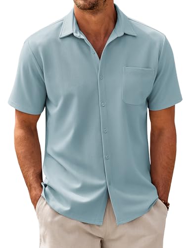 COOFANDY Hemd Herren Kurzarm Herringbone Freizeithemd Modische Hemden mit Tasche Männer Sommerhemd Arbeitshemd Elastisch Shirt Seicht Blau XL von COOFANDY