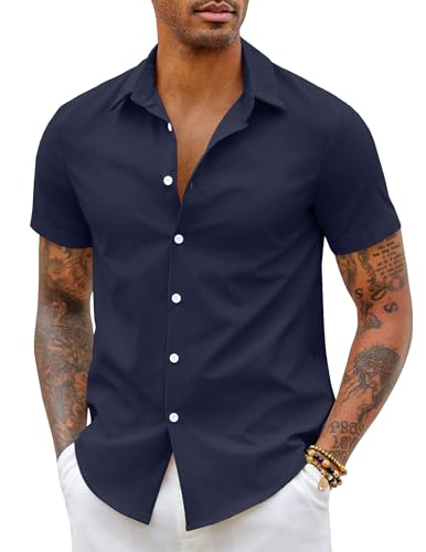 COOFANDY Herren Kurzarmhemd Hemden Kurzarm Business Hemd Bügelfrei Smoking Hemd Freizeithemd Sommerhemd Einfarbig Basic Shirt für Männer Herrenhemd Kurzarm Navy blau XL von COOFANDY