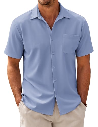 COOFANDY Herren Kurzarm Hemd Casual Sommerhemd Freizeithemd Business Hemden mit Tasche Fischgrätmuster Textured Shirts Clear Blau S von COOFANDY