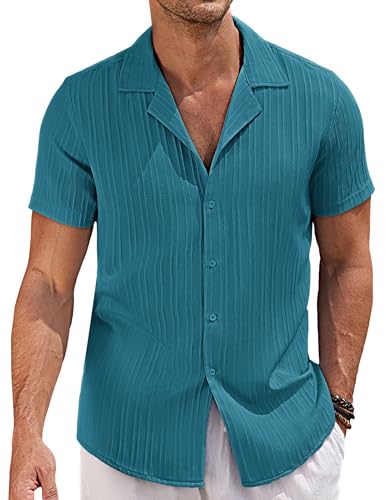 COOFANDY Herren Kurzarmhemd Kuba Hemd Einfarbig Shirt Freizeithemd Gestreiftes Textured Hawaii Männer Herrenhemd Beach Outfit Blau Grün XXL von COOFANDY