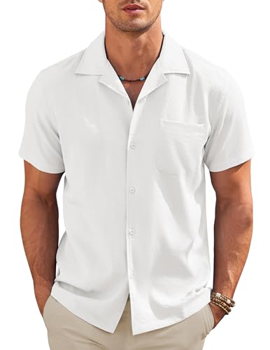 COOFANDY Herren Kurzarmhemd Regular Fit Sommerhemd Rayon Freizeithemd Cuban Kragen Hawaiihemd Männer Hemden mit Tasche Casual Weiß L von COOFANDY