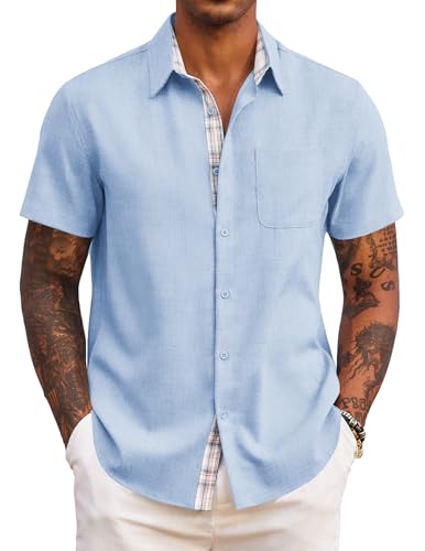 COOFANDY Herren Kurzarmhemd Sommer Freizeithemd Modische Leichtes Sommerhemd Regular Fit Strandhemd für Männer Urlaubhemd mit Tasche Hellblau XXL COOFANDY Herren Kurzarmhemd Sommer Freizeithemd Modische Leichtes Sommerhemd Regular Fit Strandhemd für Männer Urlaubhemd mit Tasche Hellblau XXL von COOFANDY