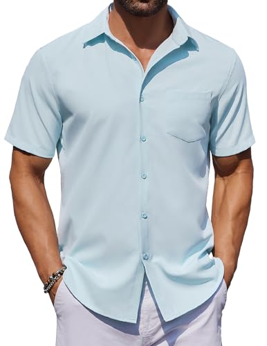 COOFANDY Herren Kurzarmhemd Sommer Hemd Freizeit Leichtes Strandhemd Herren Business Hemd Kurzarm mit Tasche Hellblau 3XL von COOFANDY
