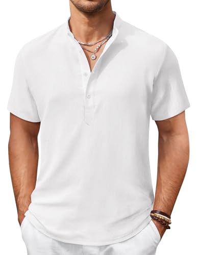 COOFANDY Herren Kurzarmhemd Sommer Henley Shirt Leichtes Urlaub Strandhemd Freizeithemd Casual Regular Fit Henley Hemd Kurzarm Knopfleiste Shirt Weiß XL von COOFANDY