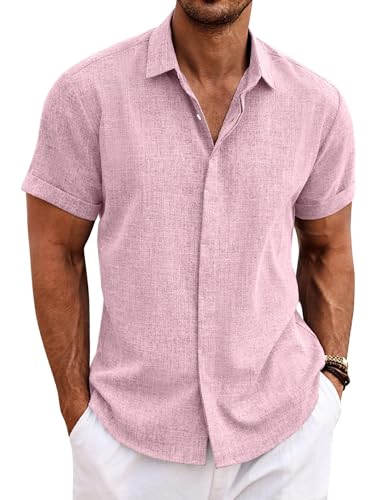 COOFANDY Herren Kurzarmhemd Sommer Regular Fit Freizeithemd Leinen Hemden Button down Leinen Shirt Rosa XXL von COOFANDY