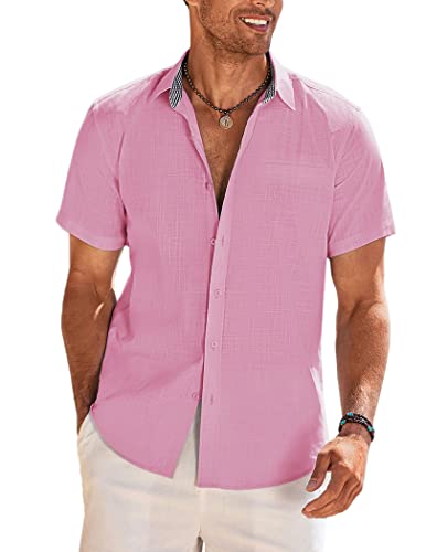 COOFANDY Herren Kurzarmhemd Sommerhemd Freizeit Einfarbig Basic Hippie Beach Baumwolle Leinen Shirt Rosa M von COOFANDY