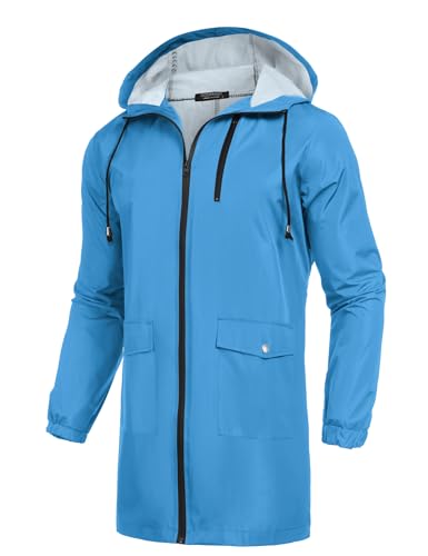 COOFANDY Herren Lang Regenmantel Ligtweight Regenjacke Wasserdicht Outdoorjacken mit Kapuze, Blau, Large von COOFANDY