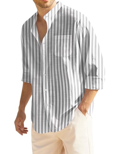 COOFANDY Herren Langarm Baumwolle Leinen Hemd Strand Button Down Shirts Casual Button Up Shirt Sommer Yoga Tops mit Tasche, Grau gestreift, Mittel von COOFANDY