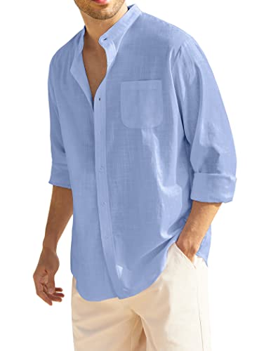 COOFANDY Herren Langarm Baumwolle Leinen Hemd Strand Button Down Shirts Casual Button Up Shirt Sommer Yoga Tops mit Tasche, Himmelblau, 3X-Groß von COOFANDY