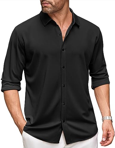 COOFANDY Herren Langarm Faltenfreies Hemd Button Down Casual Dress Shirts, Schwarz, L von COOFANDY