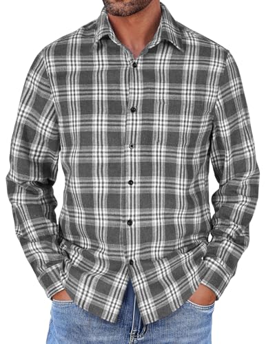 COOFANDY Herren Langarm Hemd Casual Regular Fit Trachtenhemd mit Spreizkragen Holzfäller Arbeitshemd Plaid Shirt mit Taschen Dunkelgrau-Weiß M von COOFANDY