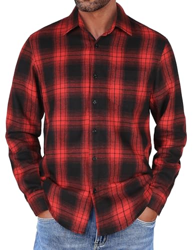 COOFANDY Herren Langarm Hemd Casual Regular Fit Trachtenhemd mit Spreizkragen Holzfäller Arbeitshemd Plaid Shirt mit Taschen Rot-Schwarz XXXL von COOFANDY