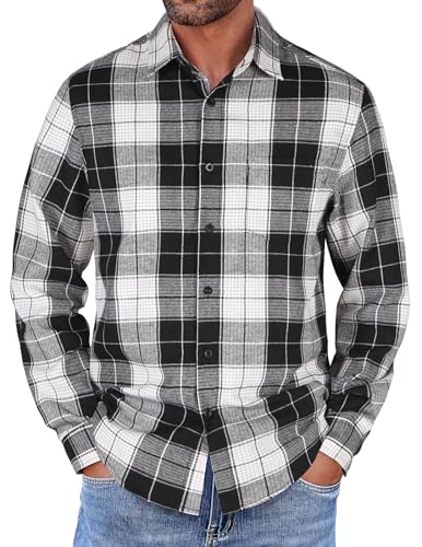 COOFANDY Herren Langarm Hemd Casual Regular Fit Trachtenhemd mit Spreizkragen Holzfäller Arbeitshemd Plaid Shirt mit Taschen Schwarz-Weiß L von COOFANDY