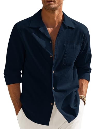 COOFANDY Herren Langarm Hemd mit Reverskragen Sommer Baumwolle Leinenstruktur-Optik Hemd mit Taschen Regular Fit Freizeithemd Strand Hemd Navyblau M von COOFANDY
