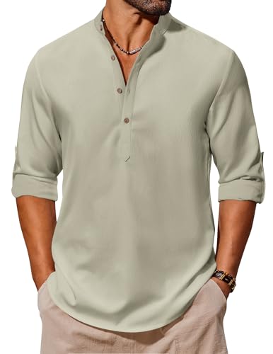 COOFANDY Herren Langarm Henley Sommerhemd Einfarbig Strandhemd Freizeithemd Urlaubshemd Langarmshirts Casual Hemd Sommer Tshirts Hellgrau XL von COOFANDY