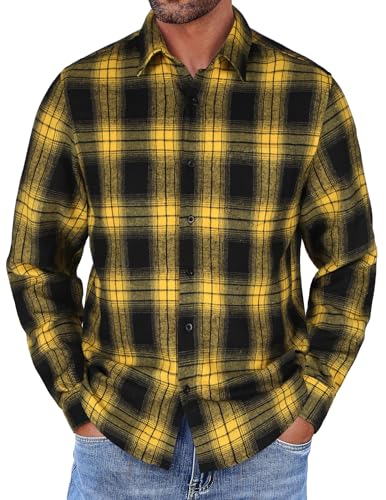 COOFANDY Herren Langarm Kariertes Hemd Casual Trachtenhemd Basic Arbeitshemd für Männer Regular Fit Shirt mit Taschen Gelb-Schwarz S von COOFANDY