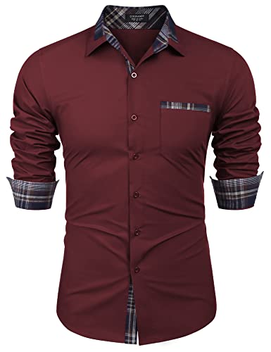 COOFANDY Herren Langarm Kleid Hemd Plaid Kragen Casual Button Down Shirts, Weinrot, Mittel von COOFANDY