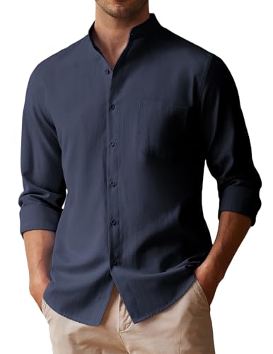 COOFANDY Herren Langarm Oxford Hemd Band Kragen Button Down Shirts Casual Dress Shirt, Marineblau, 3X-Groß von COOFANDY