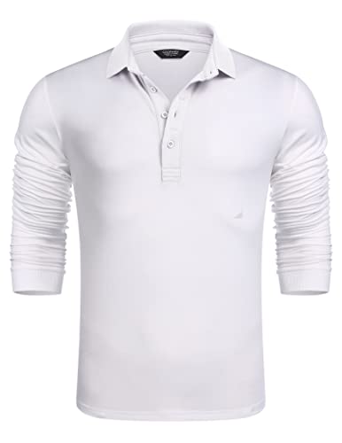 COOFANDY Herren Langarm Poloshirt Gestreifter Kragen Casual Slim Fit Baumwolle Polo T-Shirts, 02-weiß, XX-Large von COOFANDY