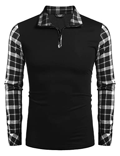 COOFANDY Herren Langarm Poloshirts Casual Slim Fit Reißverschluss Plaid Polo T-Shirts, Schwarz, L von COOFANDY