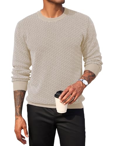 COOFANDY Pullover Herren Rundhals Pullover Fischgrätmuster Strickpullover Winterpullover Herrenpullover Langarm Pulli Stretch Pullover Slim Fit Beige Brown M von COOFANDY