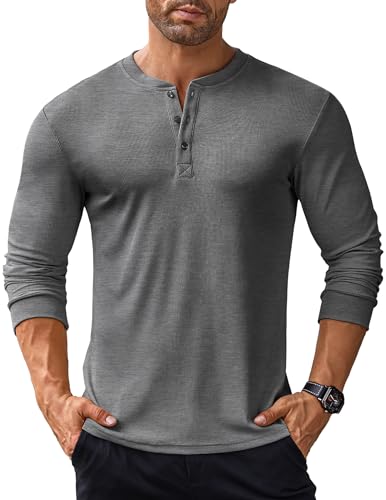 COOFANDY Herren Langarmshirt Henley Shirt Langarm Shirt Longsleeve T-Shirt mit Knopfleiste Henley T-Shirt Basic Henley Pullover Einfarbige Oberteile Grau XXL von COOFANDY