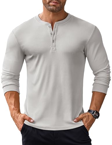 COOFANDY Herren Langarmshirt Henley Shirt Longsleeve T Shirt mit Knopfleiste Langarm Shirt Long Sleeve Shirt Henley Pullover Gerippt Hellgrau L von COOFANDY