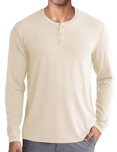 COOFANDY Herren Langarmshirt Longsleeve Henley Shirt Langarm T-Shirts Oberteile mit Knopfleiste Button Einfarbig Pullover Basic Creme Farbe 3XL von COOFANDY