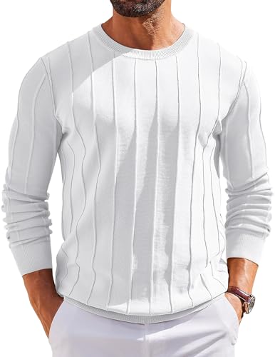 COOFANDY Herren Langarmshirt Pullover mit Rundhals Strickpullover Herrenpullover Langarm Pulli Weiss L von COOFANDY