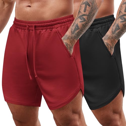 COOFANDY Herren Laufshorts Sport Shorts Sommer Stretch Hose Kurz mit Taschen 2er Pack Weinrot/Schwarz XXXL von COOFANDY