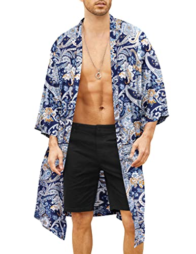 COOFANDY Herren Leichte Kimono Robe Jacke Bedruckt Japanischer Stil Bademäntel Casual Open Front Lange Cardigan Mantel Outwear, Blau (Paisleymuster), Groß von COOFANDY