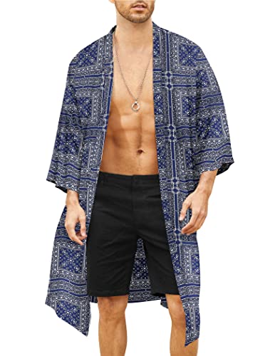 COOFANDY Herren Leichte Kimono Robe Jacke Bedruckt Japanischer Stil Bademäntel Casual Open Front Lange Cardigan Mantel Outwear, Marineblau, Small von COOFANDY