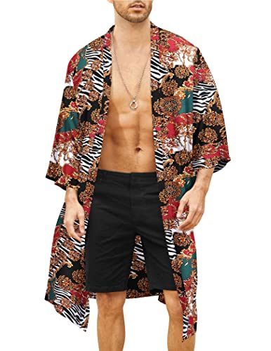 COOFANDY Herren Leichte Kimono Robe Jacke Bedruckt Japanischer Stil Bademäntel Casual Open Front Lange Cardigan Mantel Outwear, Rot (luxuriöser Druck), Large von COOFANDY