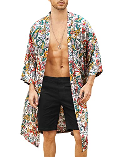 COOFANDY Herren Leichte Kimono Robe Jacke Bedruckt Japanischer Stil Bademäntel Casual Open Front Lange Cardigan Mantel Outwear, Weiß (Paisley-Druck), XX-Large von COOFANDY