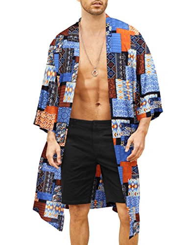 COOFANDY Herren Leichte Kimono Robe Jacke Gedruckt Japanischen Stil Bademäntel Casual Open Front Lange Strickjacke Mantel Outwear, Blau (ethnischer Druck), Large von COOFANDY
