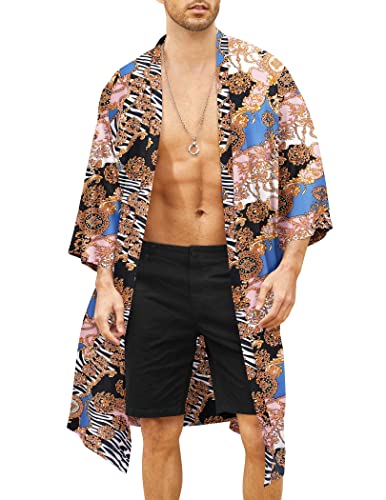 COOFANDY Herren Leichte Kimono Robe Jacke Gedruckt Japanischen Stil Bademäntel Casual Open Front Lange Strickjacke Mantel Outwear, Blau (luxuriöser Druck), Large von COOFANDY