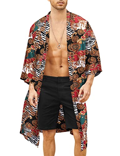 COOFANDY Herren Leichte Kimono Robe Jacke Gedruckt Japanischen Stil Bademäntel Lässige Offene Front Lange Strickjacke Mantel Outwear, Rot (luxuriöser Druck), XX-Large von COOFANDY