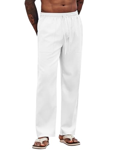 COOFANDY Herren Leichte Sommerhose Freizeithose Strandhose Dünne Hose mit Gummizug Schlupfhose Stoffhose Herrenhosen Baggy Hose Lang Weiß M von COOFANDY